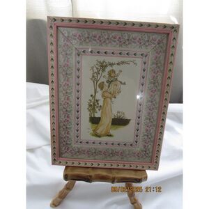 Vintage Kate Greenaway ribbon framed picture Mom with baby girl pink tiny roses